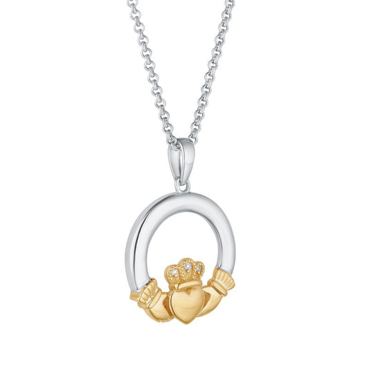 Sterling Silver & 10K Gold Diamond Claddagh Necklace