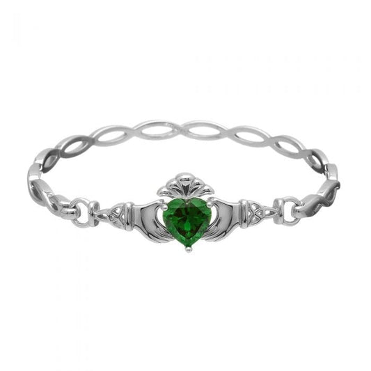 Sterling Silver Claddagh Green Stone Bangle