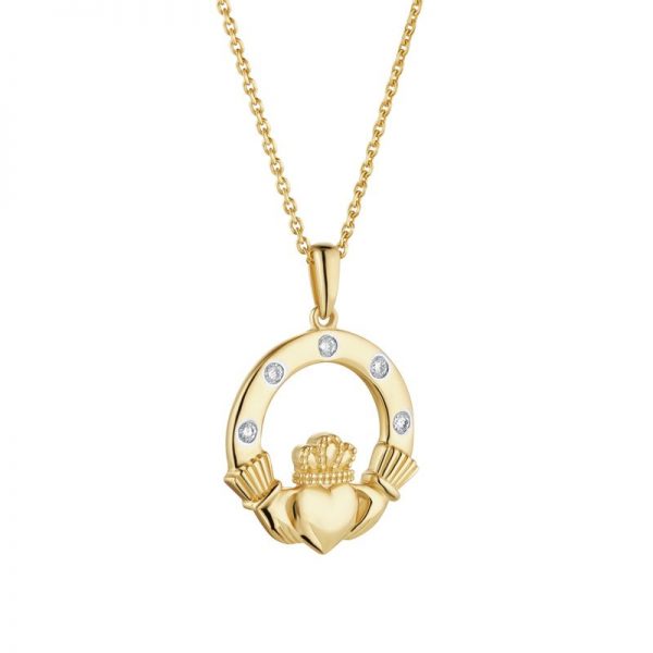 14K Gold 5 Diamond Claddagh Pendant